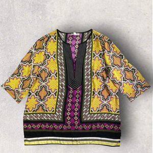DANA BUCHMAN Womens Roll Tab Top Size XL Geometric Art Deco Paisley Print READ